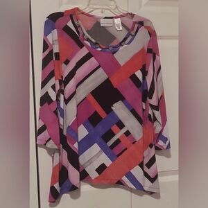 Alfred Dunner multicolored 3/4 sleeve blouse/detailing at neckline size large
